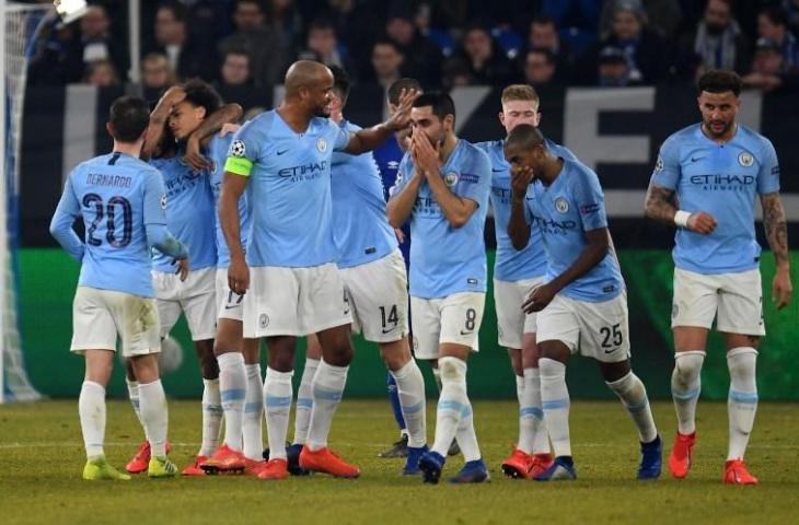 Para pemain Manchester City merayakan gol Leroy Sane ke gawang Schalke pada 20 Februari 2019 (Patrik Stollarz/AFP)