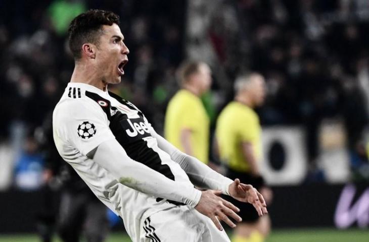 Selebrasi Cristiano Ronaldo saat membobol gawang Atletico Madrid di leg kedua babak 16 besar Liga Champions (12/3/2019) [Marco Bertorello/AFP)