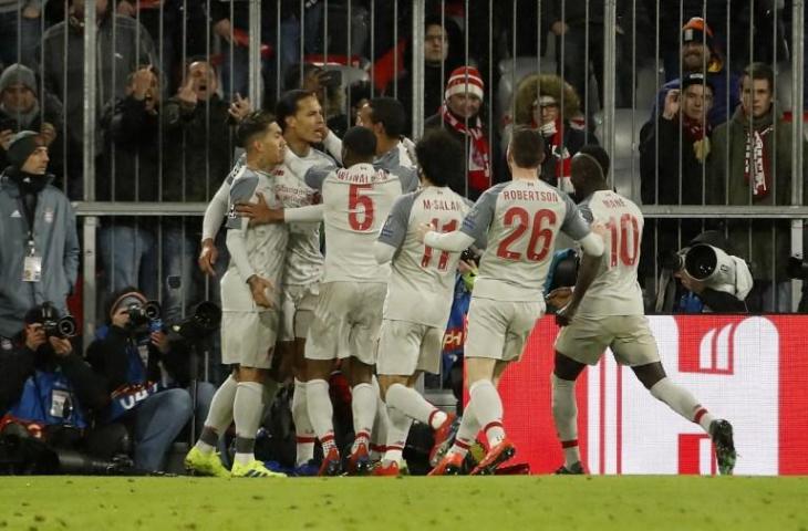 Para pemain Liverpool merayakan gol Virgil van Dijk ke gawang Bayern Munchen pada 13 Maret 2019 (Odd Andersen/AFP)