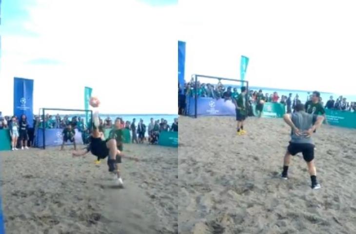 Alessandro Del Piero ketika salto dalam sebuah pertandingan sepak bola pantai di Bali. (Twitter/@asriprahesti).