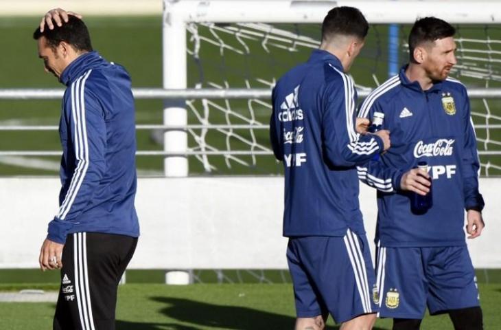 Lionel Messi kembali berseragam Timnas Argentina dan hadir di sesi latihan di Valdebebas, Madrid pada 18 Maret 2019 (Gabriel Bouys/AFP)