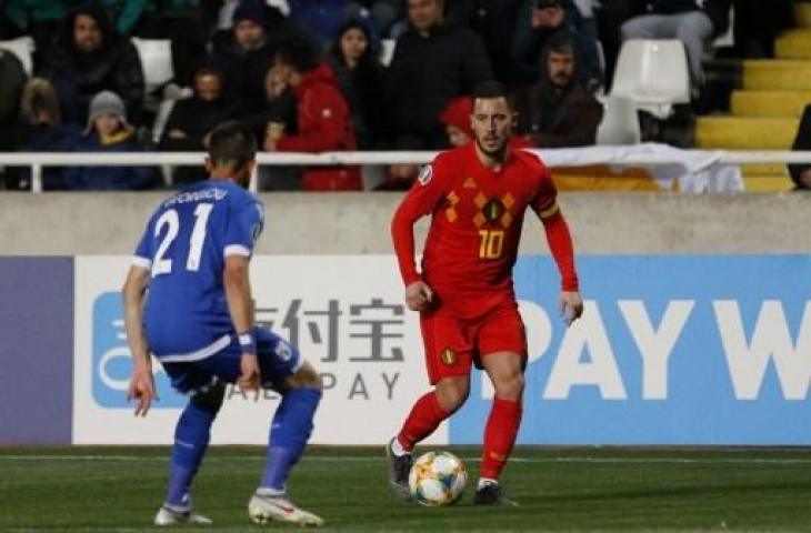 Eden Hazard menjadi salah satu pencetak gol dalam kemenangan Timnas Belgia atas Siprus dengan skor 2-0 pada pertandingan Grup I Kualifikasi Piala Eropa 2020 di Neo GPS, Nikosia, Senin (25/3/2019) dini hari WIB. (MATTHIEU CLAVEL / AFP)