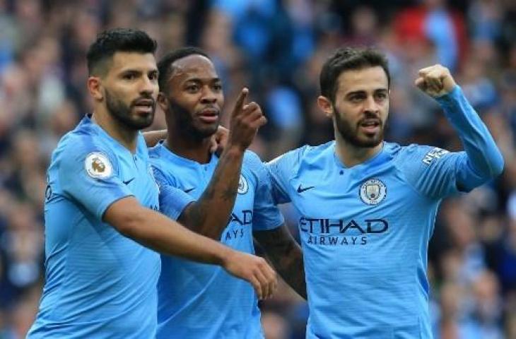 Tiga pemain Manchester City, Sergio Aguero, Raheem Sterling, dan Bernardo Silva masuk sebagai kandidat Pemain Terbaik Liga Primer Inggris musim 2018/2019. (LINDSEY PARNABY / AFP)