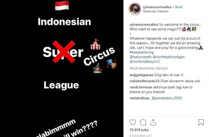 Unggahan Sylvano Comvalius saat menyebut Liga 1 seperti sirkus. (Instagram/sylvanocomvalius)