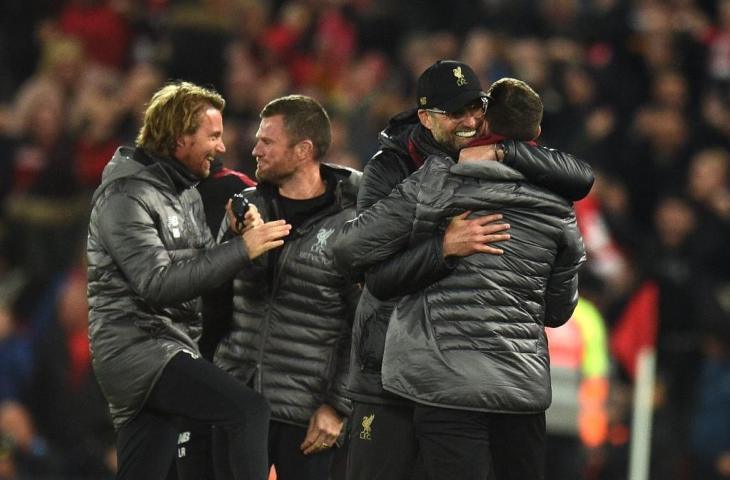 Kebahagiaan manajer Liverpool, Jurgen Klopp, usai memastikan diri melaju ke final Liga Champions 2018/2019. (Oli Scarff/AFP)