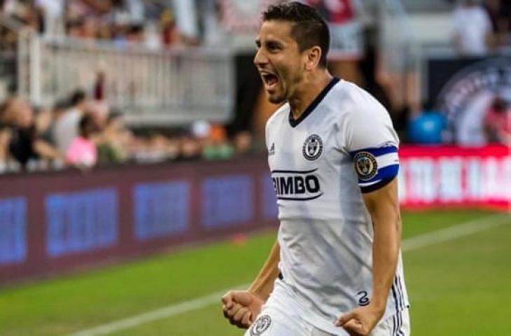 Selebrasi Alejandro Bedoya usai mencetak gol ke gawang DC United pada lanjutan pertandingan MLS wilayah timur di Audi Field, Washington, Minggu (4/8/2019) waktu setempat. (Dok: Scott Taetsch/USA Today Sports)