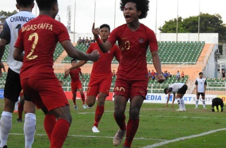 Selebrasi, striker Timnas Indonesia U-19, Amiruddin Bagus Kahfi usai mencetak gol ke gawang Laos di pertandingan ketiga fase Grup A Piala AFF U-18 2019. (Dok: PSSI)