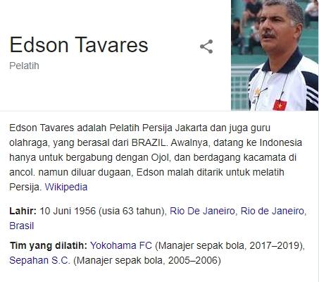 Screenshoot dari wikipedia profil pelatih anyar Persija Jakarta, Edson Tavares diplesetkan.