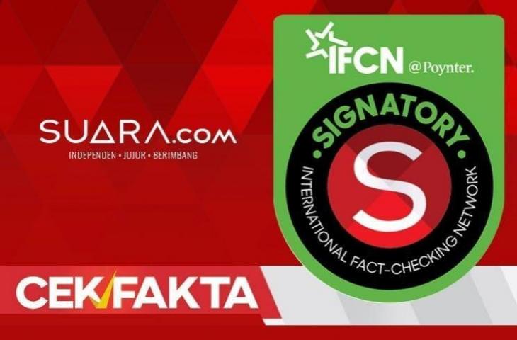 Kolase badge IFCN, logo Suara.com, dan Cek Fakta.