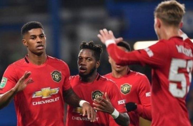 Pemain Manchester United Marcus Rashford rayakan gol ke gawang Chelsea di ajang Piala Liga Inggris, 30 Oktober 2019. [AFP]