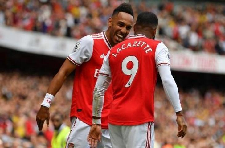 Dua striker Arsenal, Alexandre Lacazette dan Pierre-Emerick Aubameyang. (DANIEL LEAL-OLIVAS / AFP)