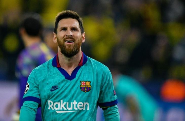 Reaksi penyerang Barcelona, Lionel Messi usai laga kontra Borussia Dortmund di leg pertama Grup F Liga Champions beberapa waktu lalu. [SASCHA SCHUERMANN / AFP]