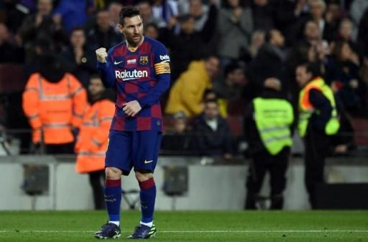 Kekinian Lionel Messi membukukan hat-trick ke-35 nya ke gawang Real Mallorca. (JOSEP LAGO / AFP)