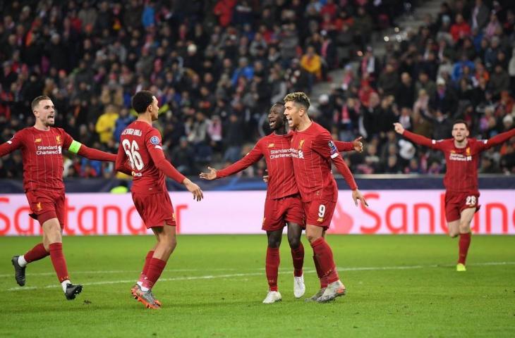 Selerasi para pemain Liverpool usai mencetak gol ke gawang Salzburg. (Twitter/@LFC).