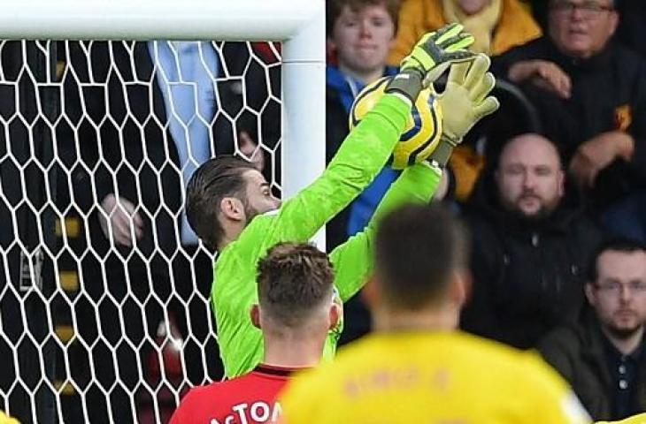 Kiper Manchester United, David de Gea, melakukan blunder saat menghadapi Watford. (Daniel Leal/AFP).