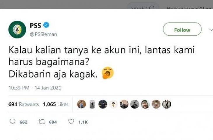 Akun Twitter PSS Sleman mengaku tidak dikabari perihal pelatih baru. (Twitter/@pssleman).