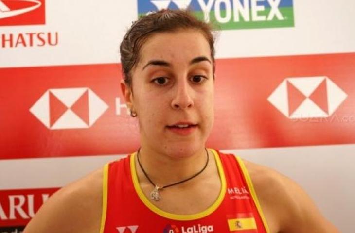 Pebulutangkis tunggal putri Spanyol, Carolina Marin, ditemui di Istora Senayan, Jakarta. [Suara.com/Arief Apriadi]