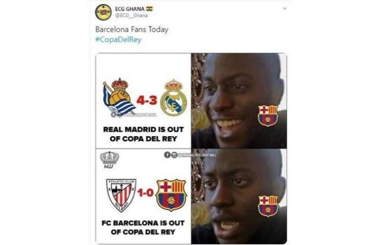 
Meme Barcelona dan Real Madrid tersingkir dari Copa del Rey. (Twitter/ ECG_Ghana).