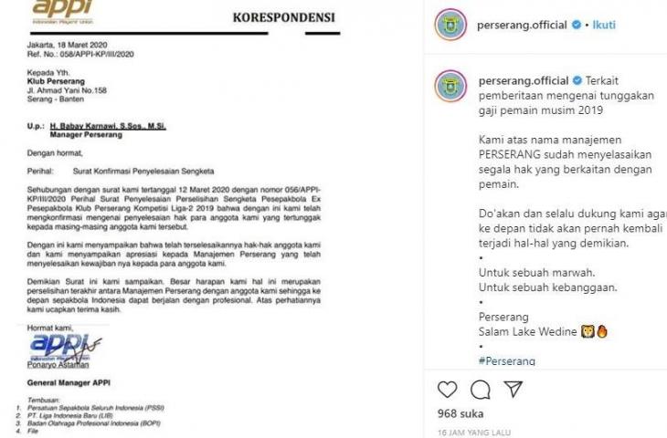 Surat APPI yang menyatakan Perserang sudah menyelesaikan tunggakan sisa gaji pemain musim lalu. (Instagram/perserang.official)