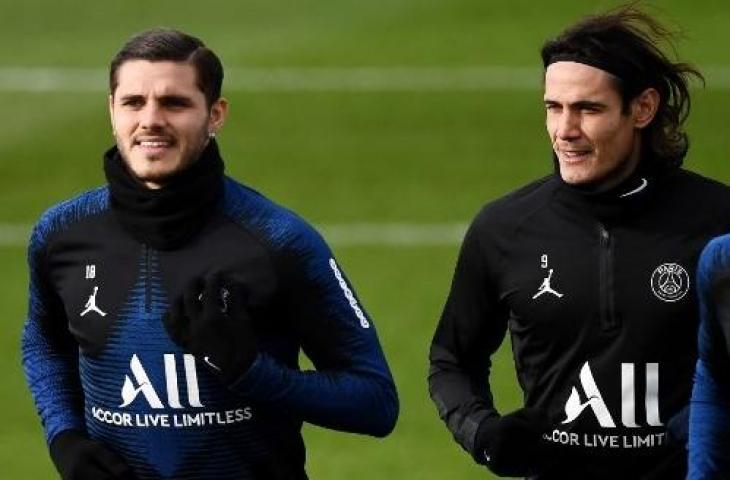 Dua penyerang Paris Saint-Germain, Mauro Icardi dan Edinson Cavani. (BERTRAND GUAY / AFP)