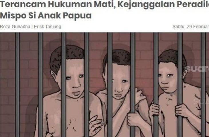 Artikel liputan khas Suara.com berjudul ''Terancam Hukuman Mati, Kejanggalan Peradilan Bagi Mispo Si Anak Papua'', memenangkan penghargaan Aliansi Jurnalis Independen dengan dukungan UNICEF. [Suara.com]