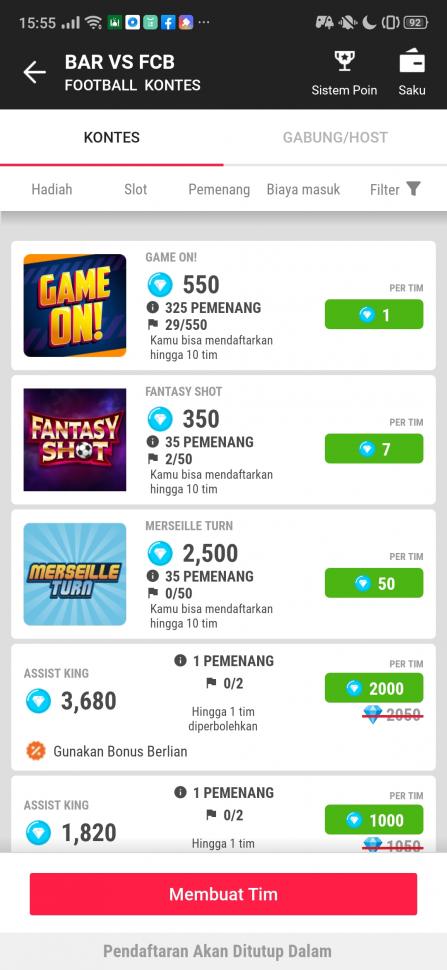 Contoh pemilihan kontes di game MPL Fantasy Sepak Bola. (Dok. MPL).