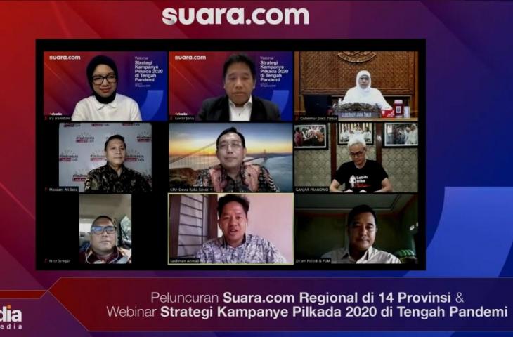 Salah satu tampilan layar saat kegiatan webinar "Strategi Kampanye Pilkada 2020 di Tengah Pandemi", dalam rangka peluncuran program pengembangan Suara.com Regional di 14 Provinsi, Jumat (28/8/2020). (Suara.com/Angga Budhiyanto).