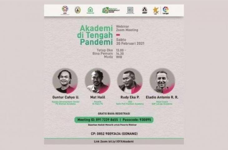 Poster webinar yang diselenggarakan oleh Jurnalis Olahraga Yogyakarta (JOY) bertajuk ''Akademi di Tengah Pandemi : Tetap Oke Bina Pemain Muda''. (Instagram/@joy_yogyakarta).