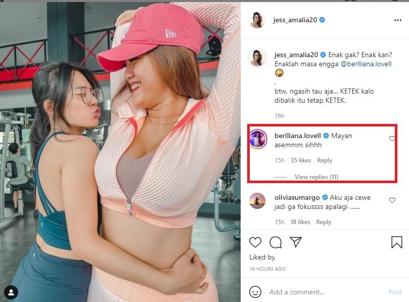 Berlliana Lovell cium ketek Jess Amalia saat ngegym. (Instagram/jess_amalia20)