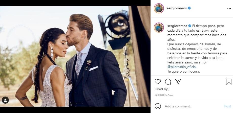 Sergio Ramos pamer foto mesra dan sampaikan pesan romantis di anniversary pernikahannya dengan Pilar Rubio. (Instagram/sergioramos)