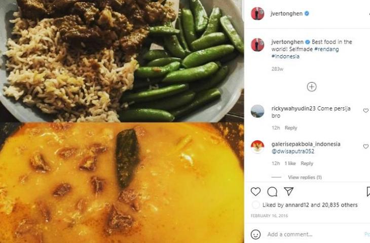 Jan Vertonghen menyebut rendang sebagai makanan terenak di dunia. (Instagram/@jvertonghen)