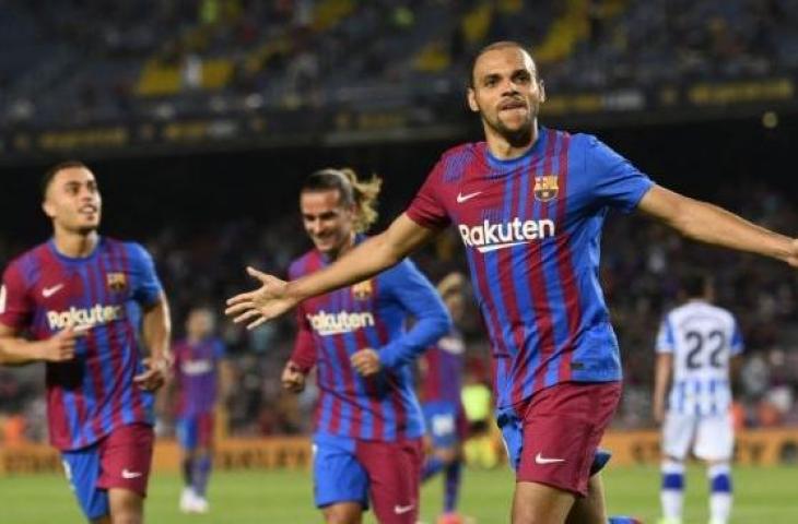 Penyerang Barcelona Martin Braithwaite melakukan selebrasi usai cetak gol kedua dalam pertandingan Liga Spanyol lawan Real Sociedad di Camp Nou, Barcelona, Spanyol pada 16 Agustus 2021. ANTARA/AFP/JOSEP LAGO