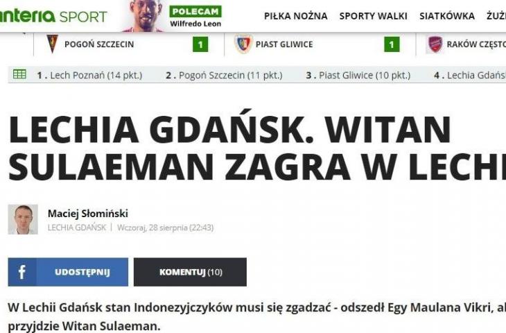 Media Polandia sindir Lechia Gdansk soal Witan Sulaeman. (Dok. Interia Sport)