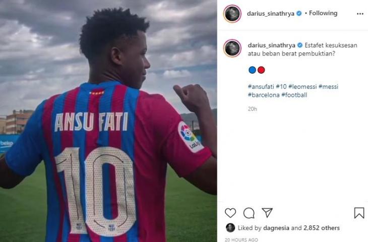 Ansu Fati jadi pewaris nomor punggung Lionel Messi di Barcelona. (Instagram/@darius_sinathrya)