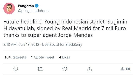 Cuitan Pangeran Siahaan yang menyebut pemain Indonesia dikontrak Real Madrid. (Twitter/@pangeransiahaan)