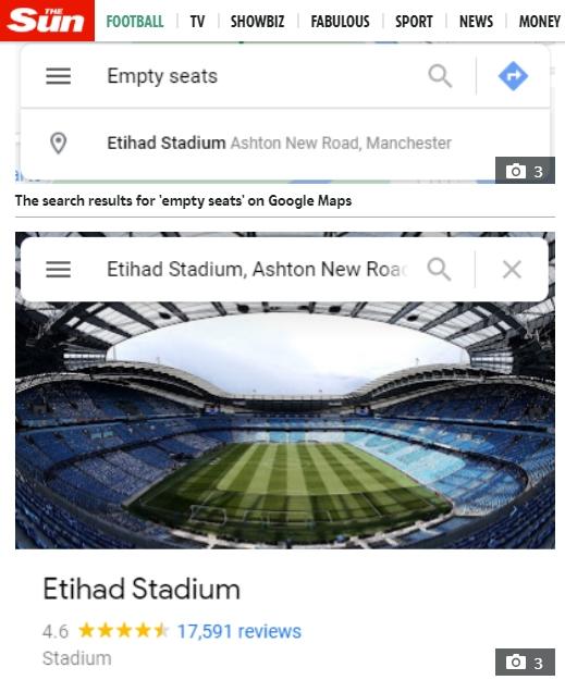 Nama Stadion Manchester City, Etihad diedit menjadi kursi kosong. (The Sun)