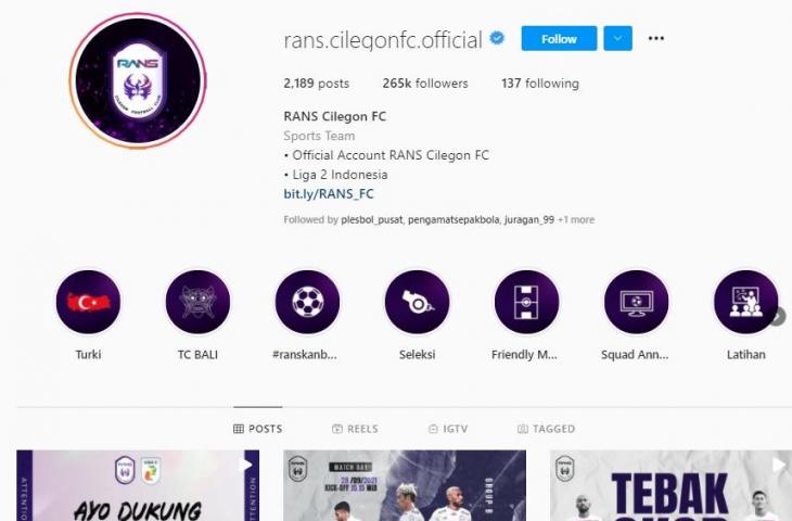 Instagram Rans Cilegon FC terverifikasi. (Instagram/@rans.cilegon.fc)