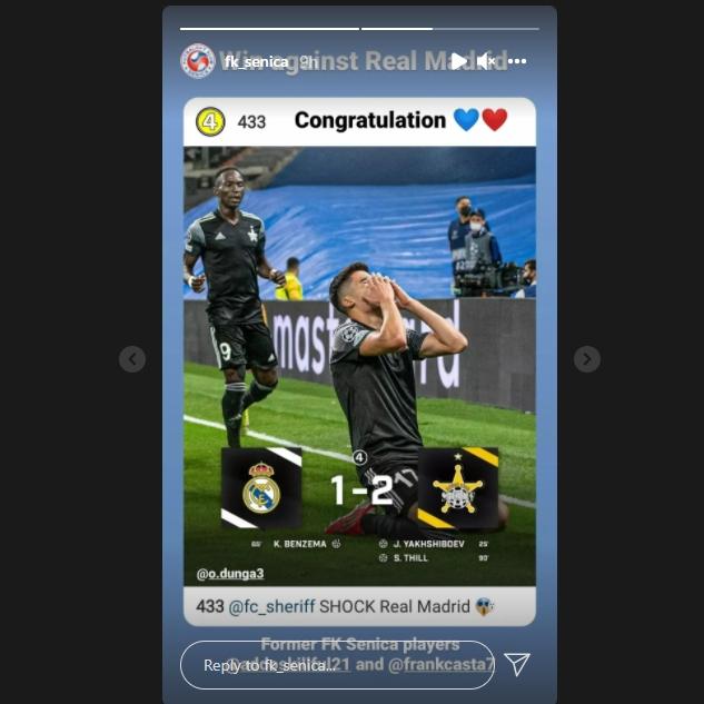 FK Senica ikut semringah saat Sheriff Tiraspol kalahkan Real Madrid. (Instagram/fk_senica)