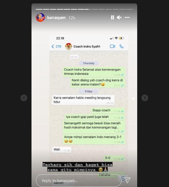 Chat Karra Syam dan Indra Sjafri. (Instagram/@karrasyam)