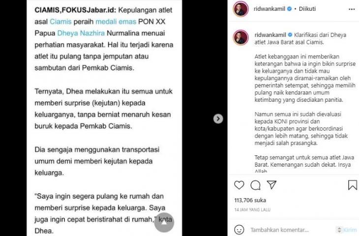 Gubernur Jawa Barat tanggapi kabar peraih emas PON XX Papua pulang naik angkutan umum. (Instagram/@ridwankamil)