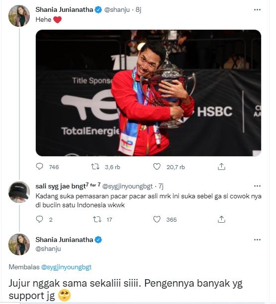 Cuitan kekasih Jonatan Christie. (Twitter/@shanju)