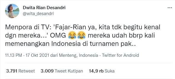 Pernyataan Menpora yang sebut Fajar/Rian tak dikenal publik. (Twitter/@wita_desandri)