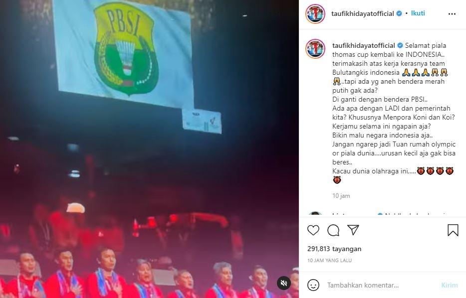 Taufik Hidayat beri kritikan pedas buntut tak berkibarnya bendera Merah Putih saat Indonesia juara Piala Thomas 2020. (Instagram/taufikhidayatofficial)