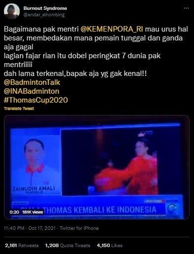 Menpora Amali Trending Seusai Bilang Publik Tak Kenal Fajar - Rian. (Twitter/@andar_sihombing)