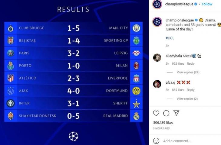 Hasil Liga Champions Selasa (19/10/2021). (Instagram/@championsleague)