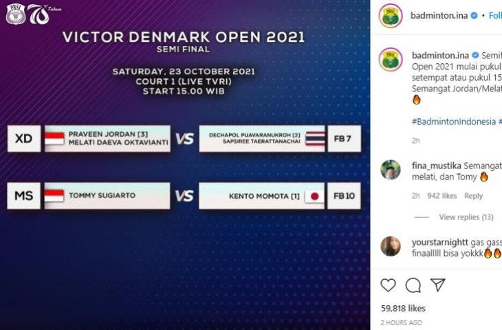 Jadwal Denmark Open 2021 hari ini Sabtu (23/10/2021). (Instagram/@badminton_ina)