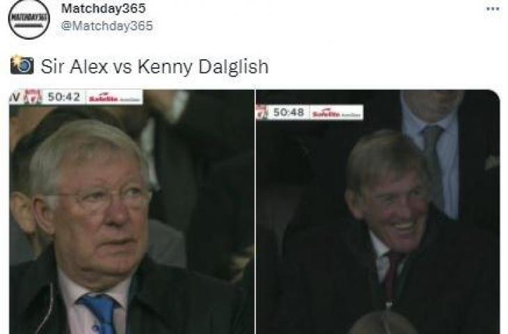 Sir Alex Ferguson dan Kenny Dalglish saat nonton duel MU vs Liverpool. (Twitter/@matchday365)