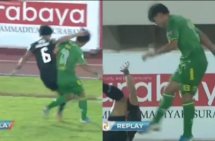 Insiden saling tendang di Liga 2 antara Hizbul Wathan melawan Persijap. (Instagram/pengamatsepakbola)