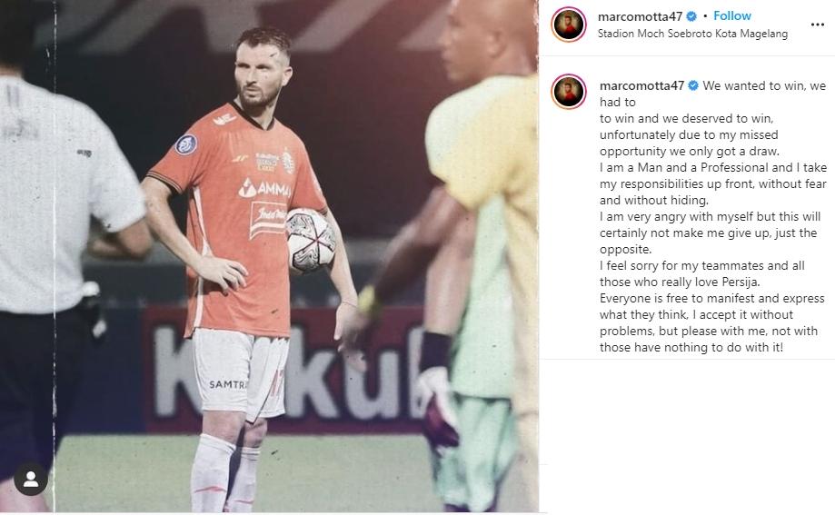 Respons Marco Motta usai gagal penalti di laga Persija vs Barito Putera. (Instagram/marcomotta47)