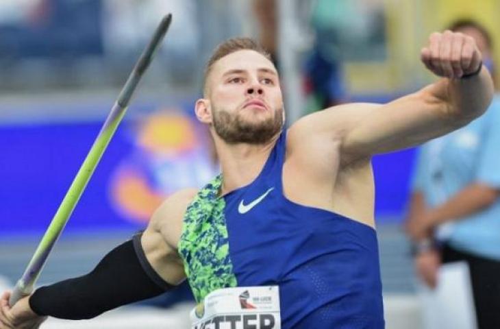 Atlet lempar lembing Jerman Johannes Vetter dalam turnamen IAAF World Athletics Continental Gold di Kamila Skolimowska Memorial di Chorzow, Polandia, pada 6 September 2020. (AFP/Lukasz Szelag)